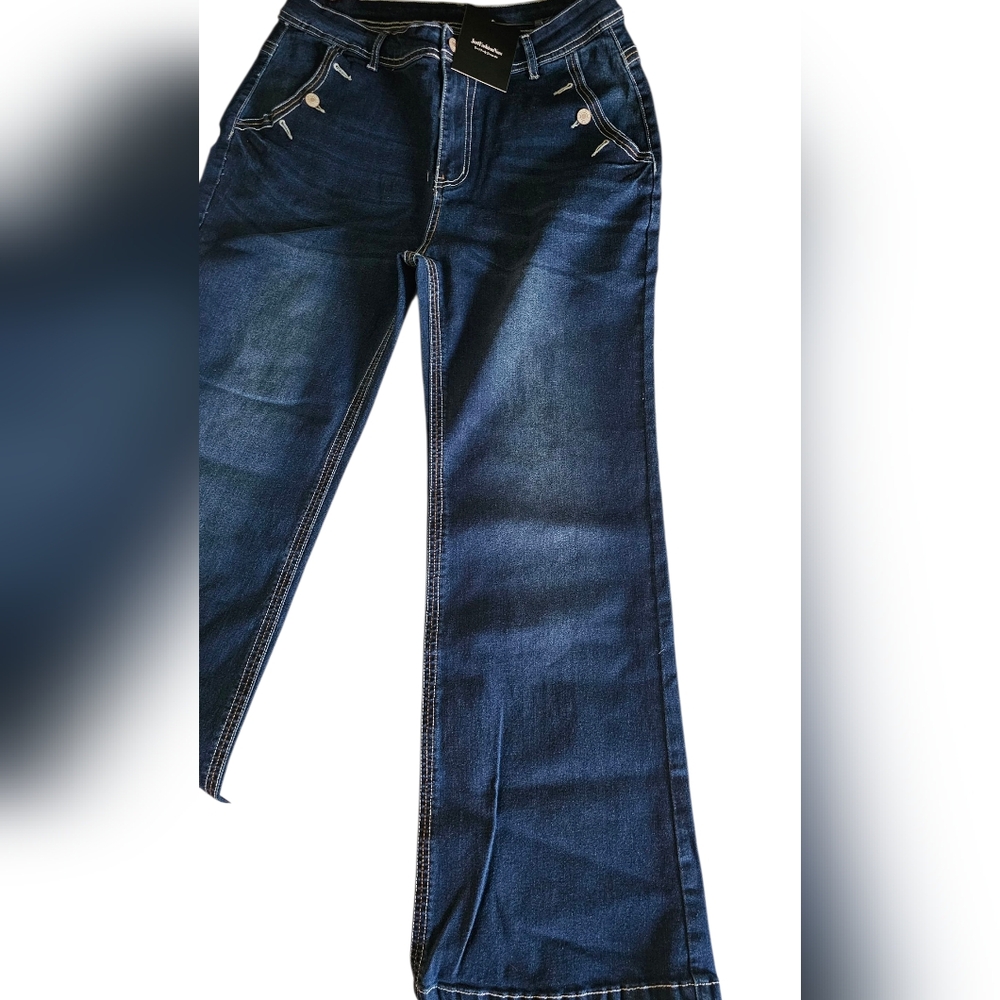 Just Fashion Now Dark Blue Women's Jeans with Wide Flare Legs. - Picture 3 of 5